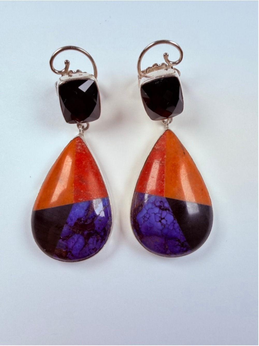 Southwestern Artisan Spiny Oyster Coral Onyx Sterling Silver Inlay VTG Earrings - Picture 1 of 10